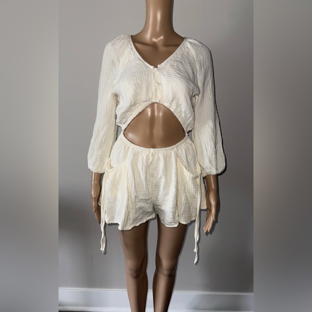 12th Tribe Cut Out Lined Cream Blouse Romper